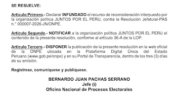 ONPE confirma sanción a Juntos por el Perú