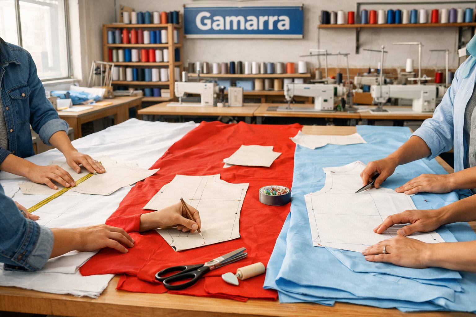 Manos de trabajadores textiles confeccionan patrones de ropa sobre telas de colores en una mesa de corte en un taller de Gamarra, Lima. (Imagen Ilustrativa Infobae)