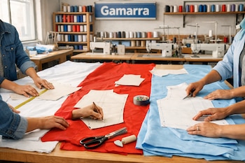 Manos trabajando en mesa de corte con telas blancas, rojas, celestes y patrones. Tijeras, cinta métrica, alfileres visibles. Fondo con estanterías de hilos, máquinas de coser, cartel Gamarra.