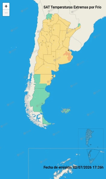 Mapa de Argentina con indicaciones de temperaturas extremas por frío, usando colores verde, amarillo y naranja. Se observan controles de zoom y fecha de emisión