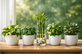 Cinco plantas de interior: un poto, una planta del dinero, bambú de la suerte en un vaso con piedras, una albahaca y un árbol de jade en macetas blancas sobre una mesa.