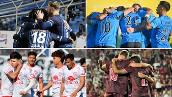 Collage de cuatro imágenes de fútbol: jugadores de Gimnasia de Jujuy, Belgrano, Instituto y Lanús en momentos clave del partido o previa