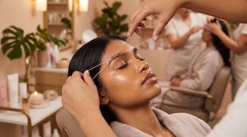 Una persona con ojos cerrados recibe depilación de cejas con hilo de otra persona. Al fondo, un salón de belleza con productos y plantas.