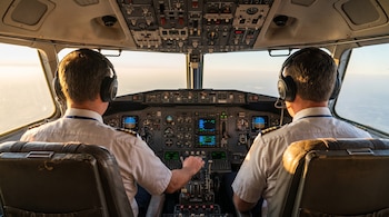 Dos hombres con camisas de piloto y auriculares están sentados en los asientos de una cabina de avión. Se ven los paneles de control e instrumentos.