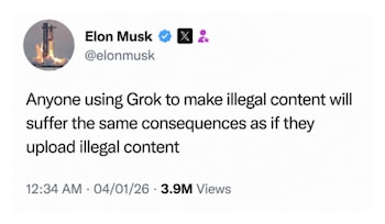 Captura de pantalla de un tuit de Elon Musk con foto de cohete despegando, texto sobre Grok y contenido ilegal, fecha 04/01/26 y 3.9 millones de vistas