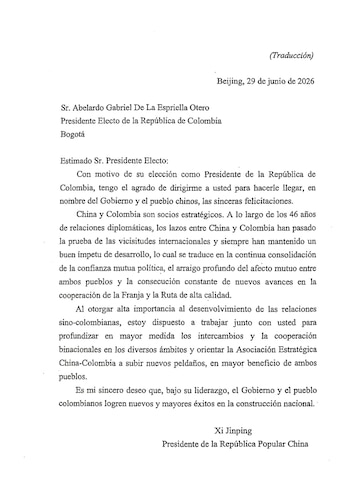 Xi Jinping señaló que el país asiático y Colombia han sido socios estratégicos durante 46 años de relaciones diplomáticas - crédito Embajada de China en Colombia