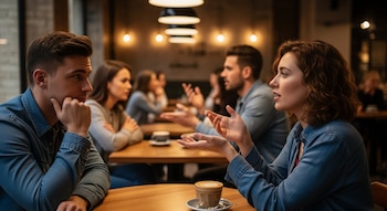 Un hombre y una mujer sentados frente a frente en una mesa de madera de una cafetería, con tazas de café y otras personas al fondo.