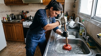 Una mujer con mameluco azul y guantes usa un desatascador en un fregadero lleno de agua en una cocina.
