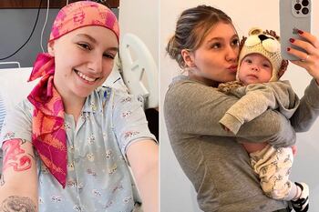 Isabel Veloso abrazando a su hijo pequeño, con una sonrisa cansada