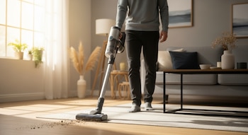 Primer plano de una persona de pie usando una aspiradora de palo inalámbrica para limpiar suciedad de una alfombra clara en una sala de estar luminosa.