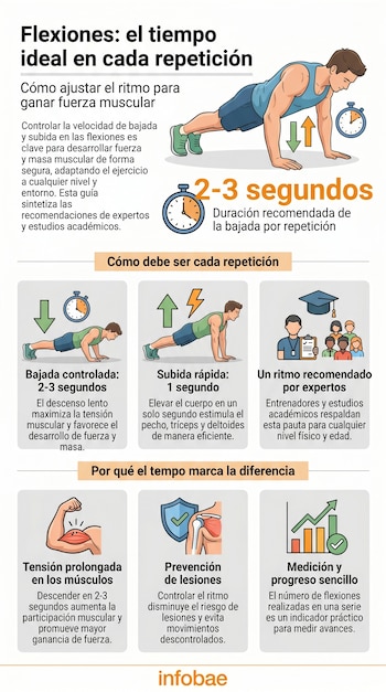 Infografía que muestra a un hombre haciendo flexiones, con cronómetros y flechas que indican el tiempo de bajada (2-3 segundos) y subida (1 segundo).
