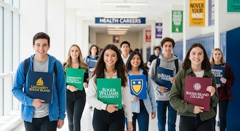 Grupo de estudiantes sonrientes camina por un pasillo universitario. Cada uno sostiene una carpeta con el logotipo de diferentes universidades de Rhode Island. En el fondo, un cartel dice 'Health Careers'.