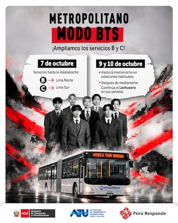 Metropolitano extiende horario de las rutas B y C por conciertos de BTS.