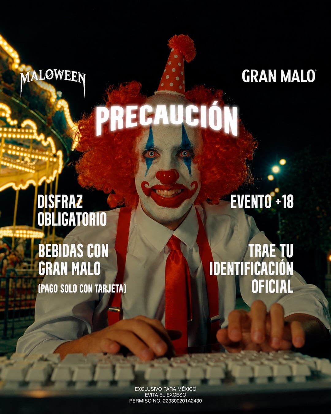 Un cartel publicitario de la marca Gran Malo detalla los requisitos para el evento Maloween con la imagen de un payaso frente a un carrusel. (Maloween/Redes sociales)