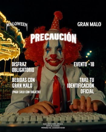 Un hombre disfrazado de payaso escribe en un teclado frente a un carrusel iluminado en un cartel con textos informativos en español