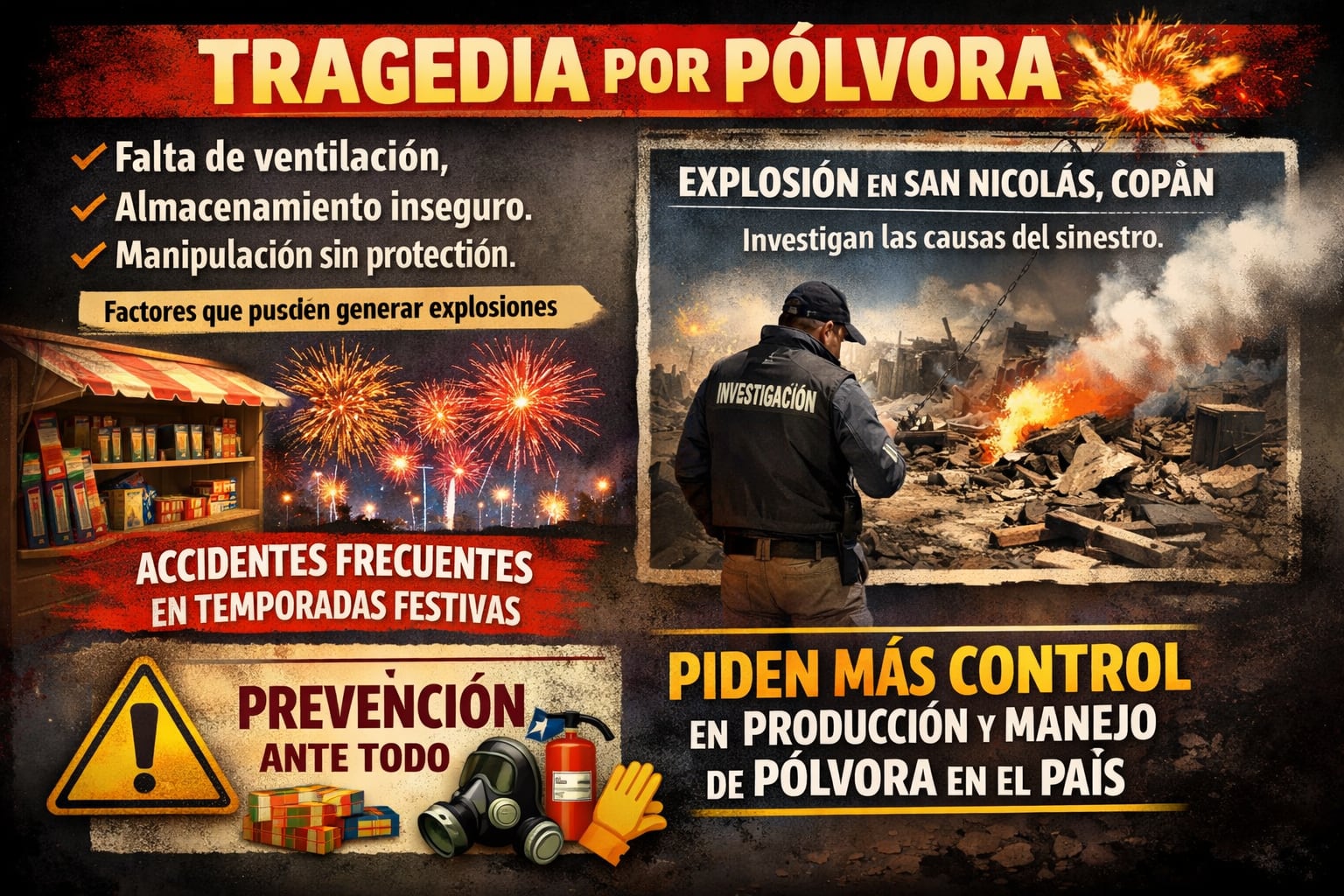 Un investigador observa los escombros de una explosión de pólvora en San Nicolás, Copán, mientras expertos y sociedad exigen mayor control y prevención para evitar futuros siniestros relacionados. (Imagen Ilustrativa Infobae)
