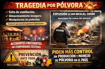 Infografía sobre tragedia por pólvora: un investigador en sitio de explosión, fuegos artificiales, equipo de seguridad y textos informativos sobre causas y control.