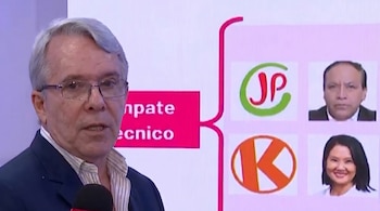 Un hombre canoso con gafas y traje oscuro habla a un micrófono frente a una pantalla que muestra "empate técnico" junto a logos y retratos de dos políticos.