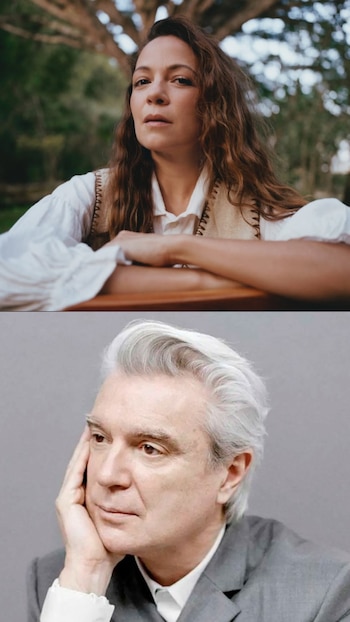 Retrato dividido: Arriba, Natalia Lafourcade con cabello largo y ondulado en exterior. Abajo, David Byrne con canas, en traje gris, apoyando la mano en la barbilla