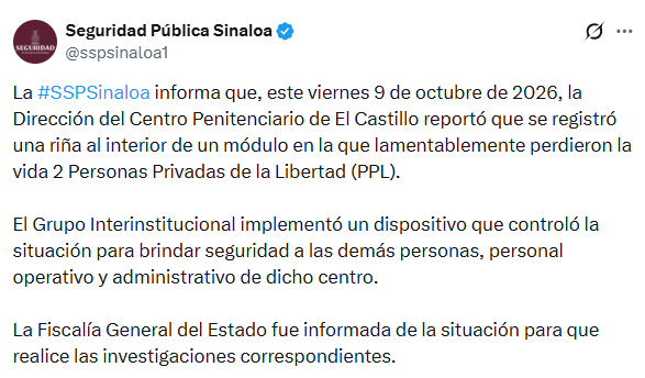 Un nuevo episodio violento dejó dos muertos más el viernes 9 de octubre en El Castillo. (Crédito: X | @sspsinaloa1)