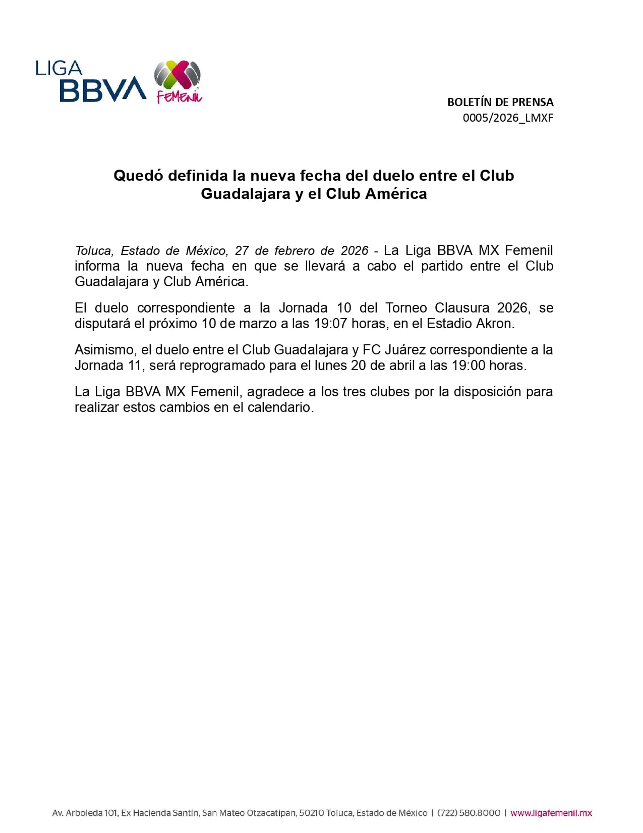Comunicado oficial de la Liga MX para la reprogramación del Clásico Nacional femenil. (X/@LigaBBVAFemenil)