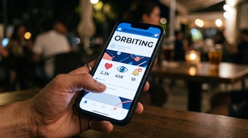 Una mano sostiene un teléfono móvil con la palabra ORBITING en la pantalla e íconos de un corazón, un ojo y una campana de notificaciones.