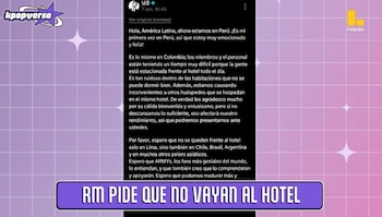 RM, líder de BTS, publicó un mensaje en Weverse para pedir privacidad y descanso durante la estadía del grupo en Lima. Latina Noticias