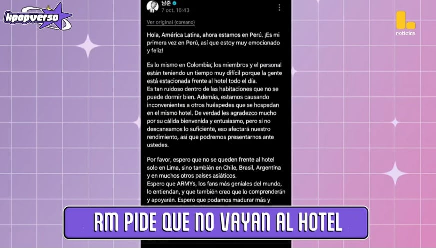 RM, líder de BTS, publicó un mensaje en Weverse para pedir privacidad y descanso durante la estadía del grupo en Lima. Latina Noticias