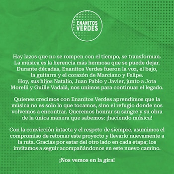 Texto blanco en español sobre un fondo verde con el logotipo circular de Enanitos Verdes en la parte superior