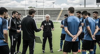 Un cuerpo técnico de fútbol y jugadores vestidos con uniformes negros y azules se reúnen en un campo de césped. Un entrenador mayor gesticula en el centro.