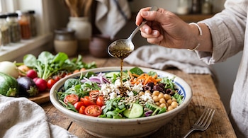 Mano que sostiene una cuchara con vinagreta sobre un tazón de ensalada con tomates, pepino, garbanzos y queso sobre una mesa de madera.