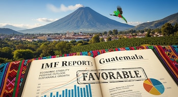 Libro abierto sobre un tejido colorido con texto 'IMF REPORT:' y sello 'FAVORABLE', gráficos económicos, ciudad, volcán, campos verdes y un quetzal volando.