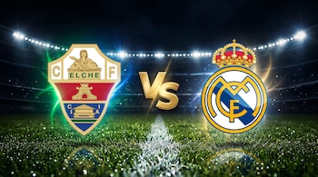 Los escudos del Elche y del Real Madrid flanquean las letras VS doradas sobre el césped iluminado de un estadio.