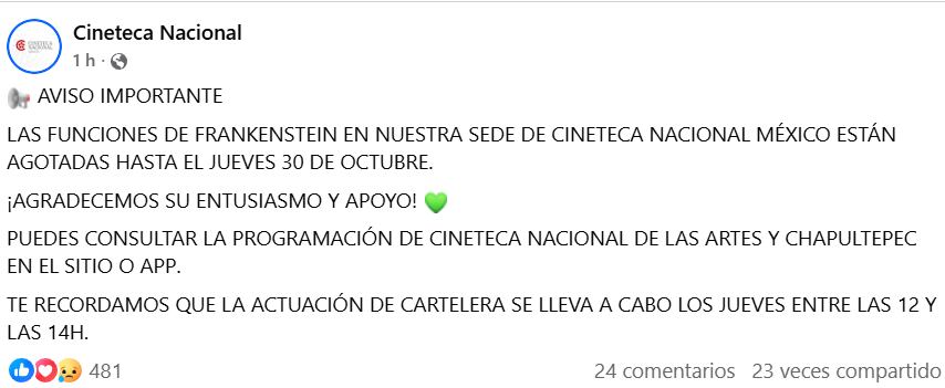 La Cineteca Nacional hizo saber a través de sus redes que las funciones para la película se agotaron en su día de preventa Crédito: Facebook: Cineteca Nacional