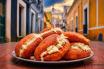 Cinco pambazos rellenos de queso rallado sobre una bandeja metálica en una calle pavimentada entre edificios de colores.
