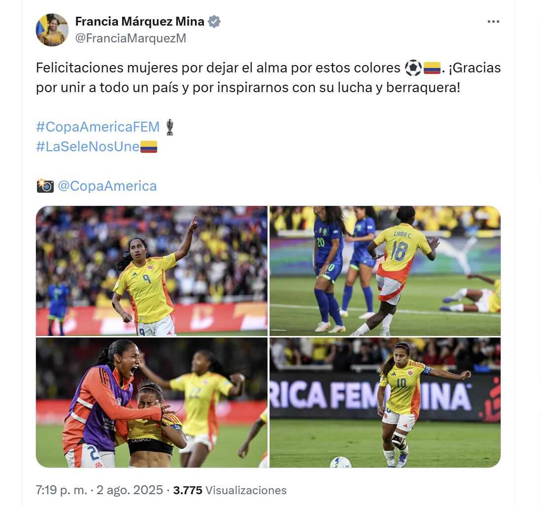 Francia Márquez felicitó a las jugadoras de la selección femenina - crédito @FranciaMarquezM/X