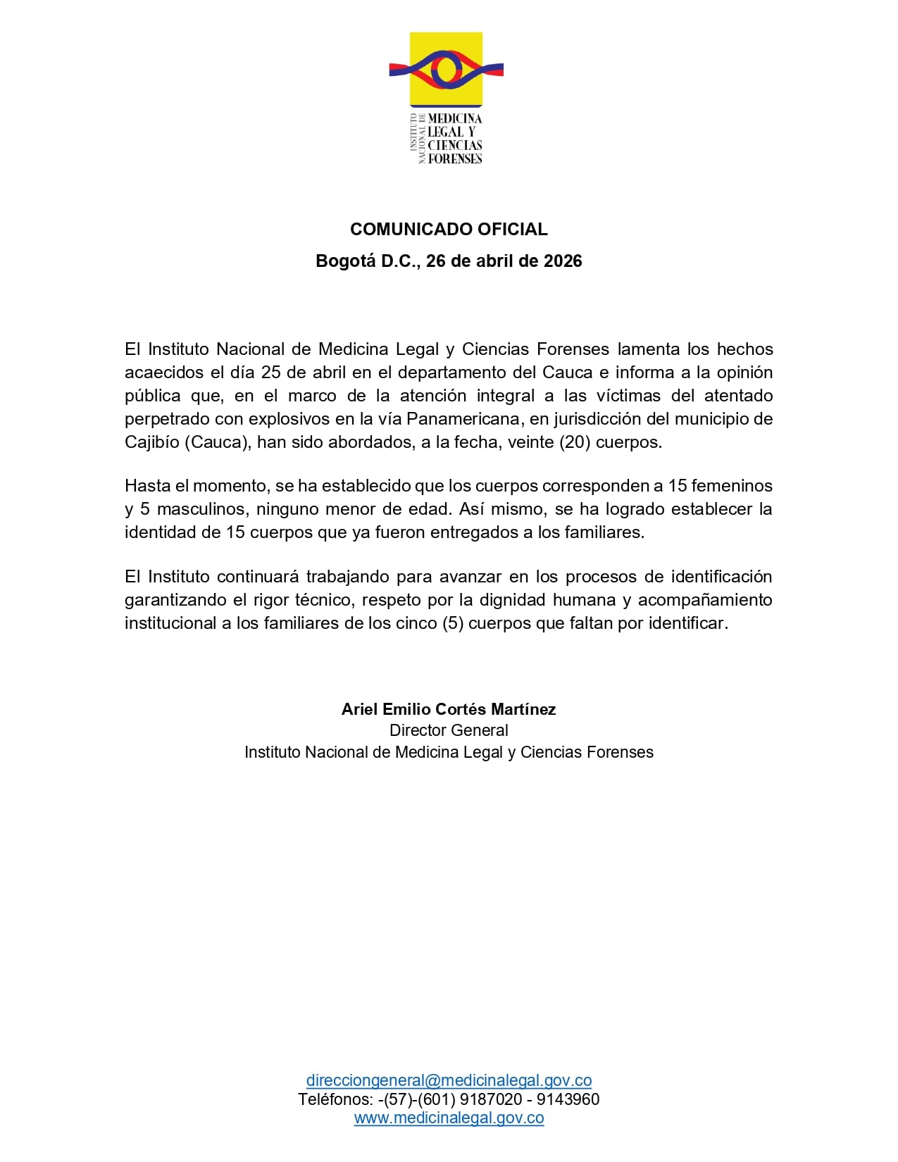 Autoridades forenses avanzan en los procesos de identificación con rigor técnico. - crédito Medicina Legal