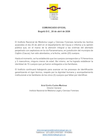 Autoridades forenses avanzan en los procesos de identificación con rigor técnico. - crédito Medicina Legal