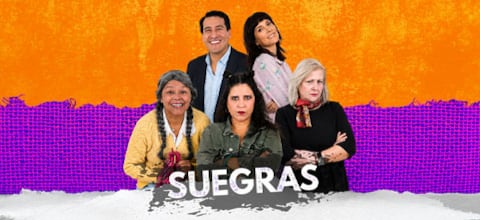 El elenco de la comedia teatral Suegras posa para la gráfica promocional de la obra en el Teatro Auditorio Miraflores de Lima.