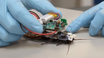 Primer plano de manos enguantadas de color azul claro, fijando cuidadosamente una mochila electrónica que incluye una placa de circuito verde sobre el lomo de una cucaracha oscura.