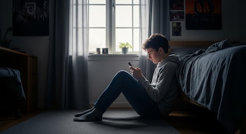 Adolescente sentado en el suelo de su habitación, apoyado en la cama, mirando su teléfono móvil. Luz de día clara entra por una ventana con cortinas grises.