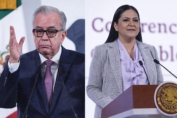 Imagen dividida que muestra a Rubén Rocha Moya, hombre de cabello gris con gafas, y a Ariadna Montiel, mujer de cabello oscuro, ambos hablando en podios con micrófonos.