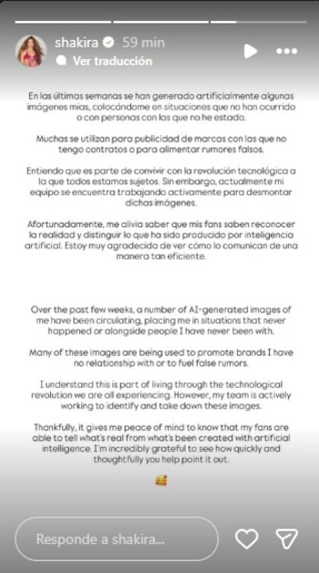La cantante anunció que su equipo de trabajo ya estaba en marcha para borrar de circulación las imágenes falsas que la involucran - crédito @shakira/Instagram