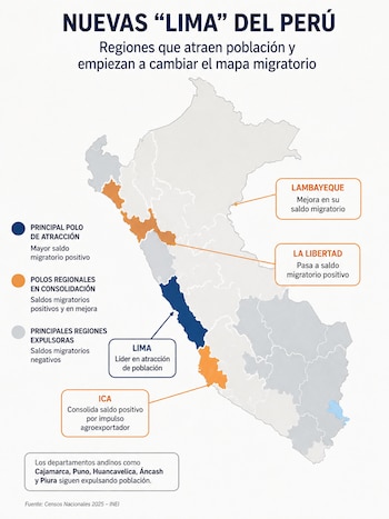 El crecimiento de las regiones y de las ciudades intermedias ha ampliado las oportunidades fuera de Lima, reduciendo su peso como principal destino migratorio.