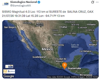Sismo de magnitud 4.0 en Salina Cruz, Oaxaca este 21 de julio. (X/ @SismologicoMX)