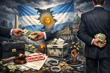 Manos intercambian billetes de dólar frente a una bandera argentina rota, un edificio gubernamental, urna, dinero, esposas, mazo y sello de 'CORRUPCIÓN'.