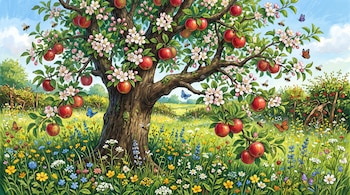 Un manzano con frutos rojos y flores blancas rodeado de abejas, mariposas y vegetación silvestre sobre un prado verde.