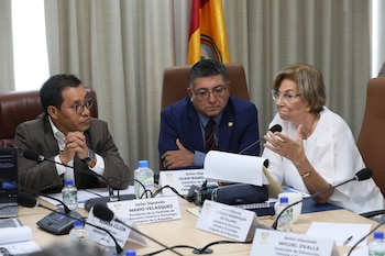 Varios diputados y asistentes revisan documentos y utilizan teléfonos alrededor de una mesa de reuniones con micrófonos y identificadores
