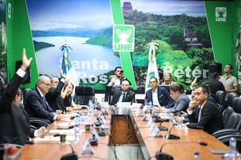 Personas sentadas en una mesa de reuniones con micrófonos levantan la mano frente a la bandera de Guatemala y un panel verde