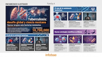Infografía con pulmones, bacilos, mapa mundial, personas, cápsulas, un alacrán, microscopio, frasco de laboratorio, estructuras químicas y texto.